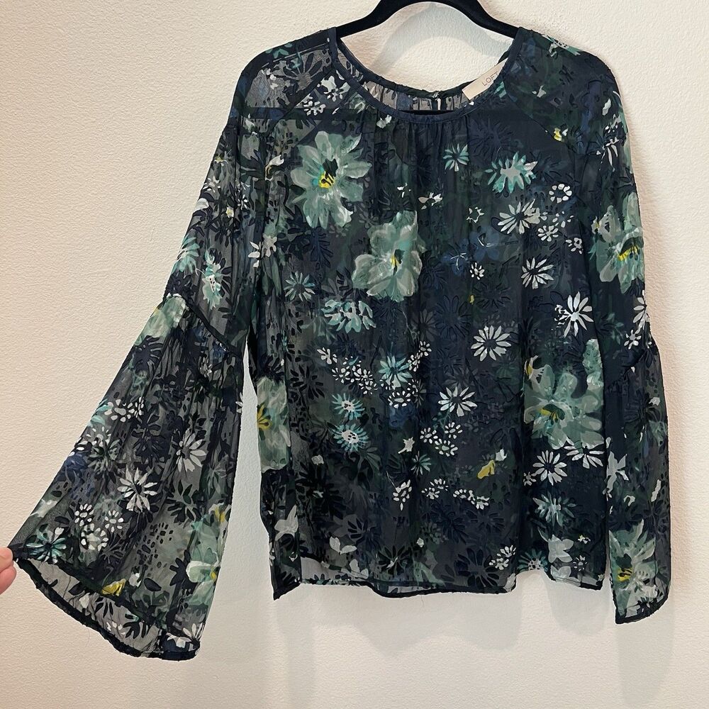 Ann Taylor Loft Shirt Womens Large Blue Sheer Floral Top Long Sleeve  Blouse